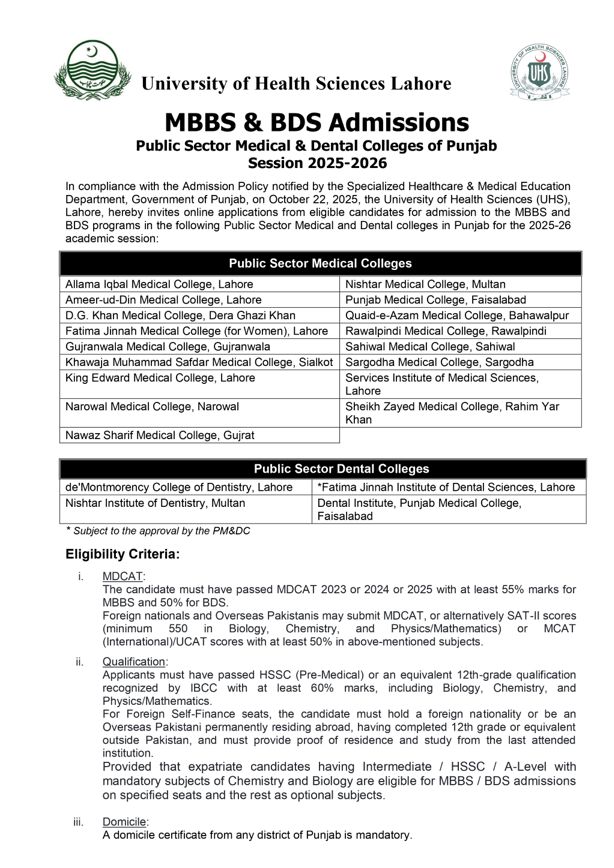 Admission notice for Fatima Jinnah Medical University Lahore